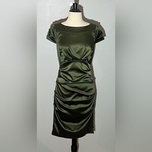 Nicole Miller Collection Olive Stretch-Satin Ruched Sheath Dress | Size 6